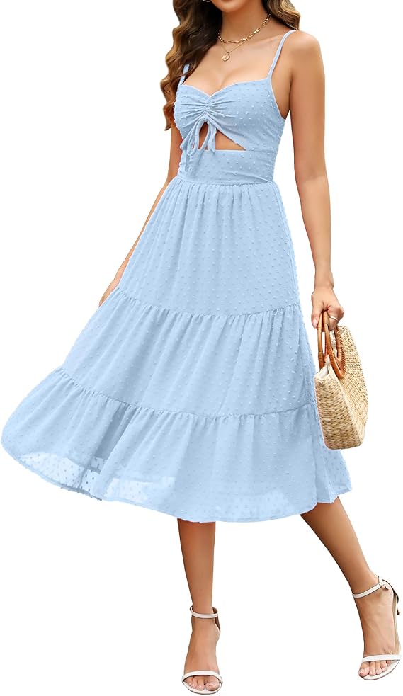Women's Summer Dresses 2024 Sleeveless Cut Out Drawstring Midi Dress Swiss  Dot Tiered A-Line Casual Swing Sundress